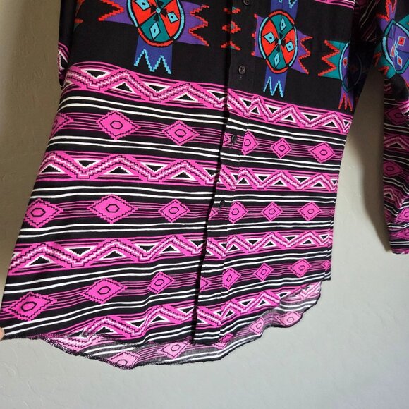 Wrangler Vintage 90's Men's Western Shirt Pink/Blk Southwestern Aztec Cowboy Cut - Picture 4 of 10